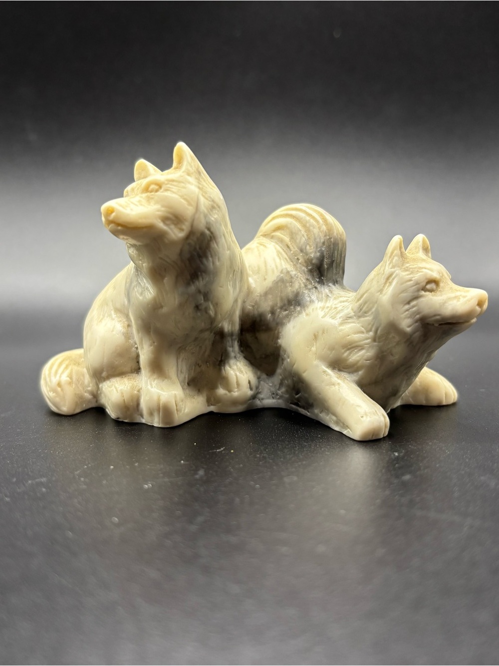 Vintage Pearlite Marblecraft Wolf Pair Figurine Canada Faux Soapstone Husky Dogs